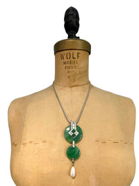 Givenchy Green Jade Art Deco Vintage Pendant with Silver Snake Chain - 24 Wishes Vintage Jewelry