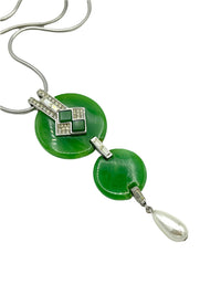 Givenchy Green Jade Art Deco Vintage Pendant with Silver Snake Chain - 24 Wishes Vintage Jewelry