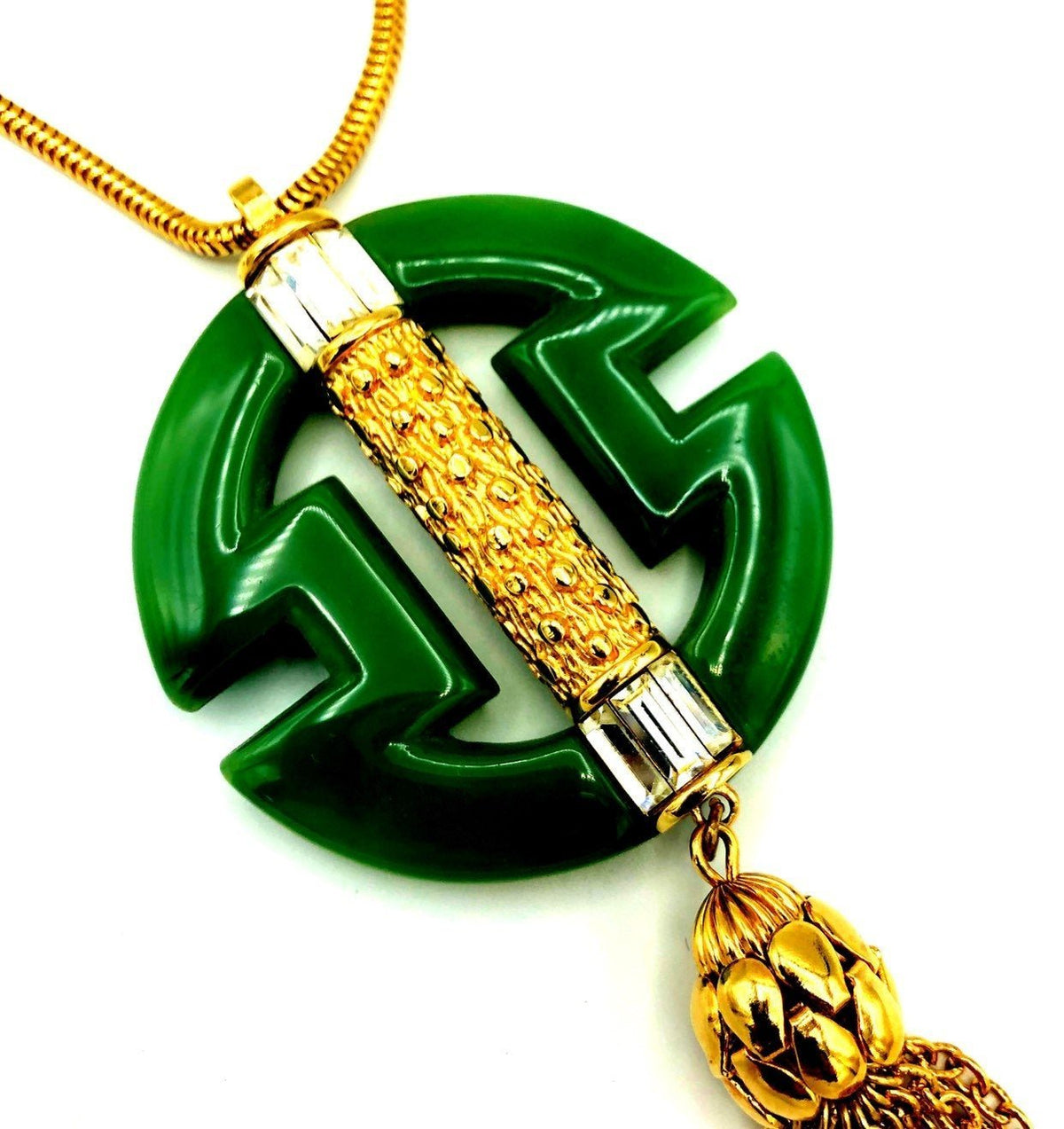 Givenchy Green Jade Logo Gold Tassel Vintage Pendant - 24 Wishes Vintage Jewelry