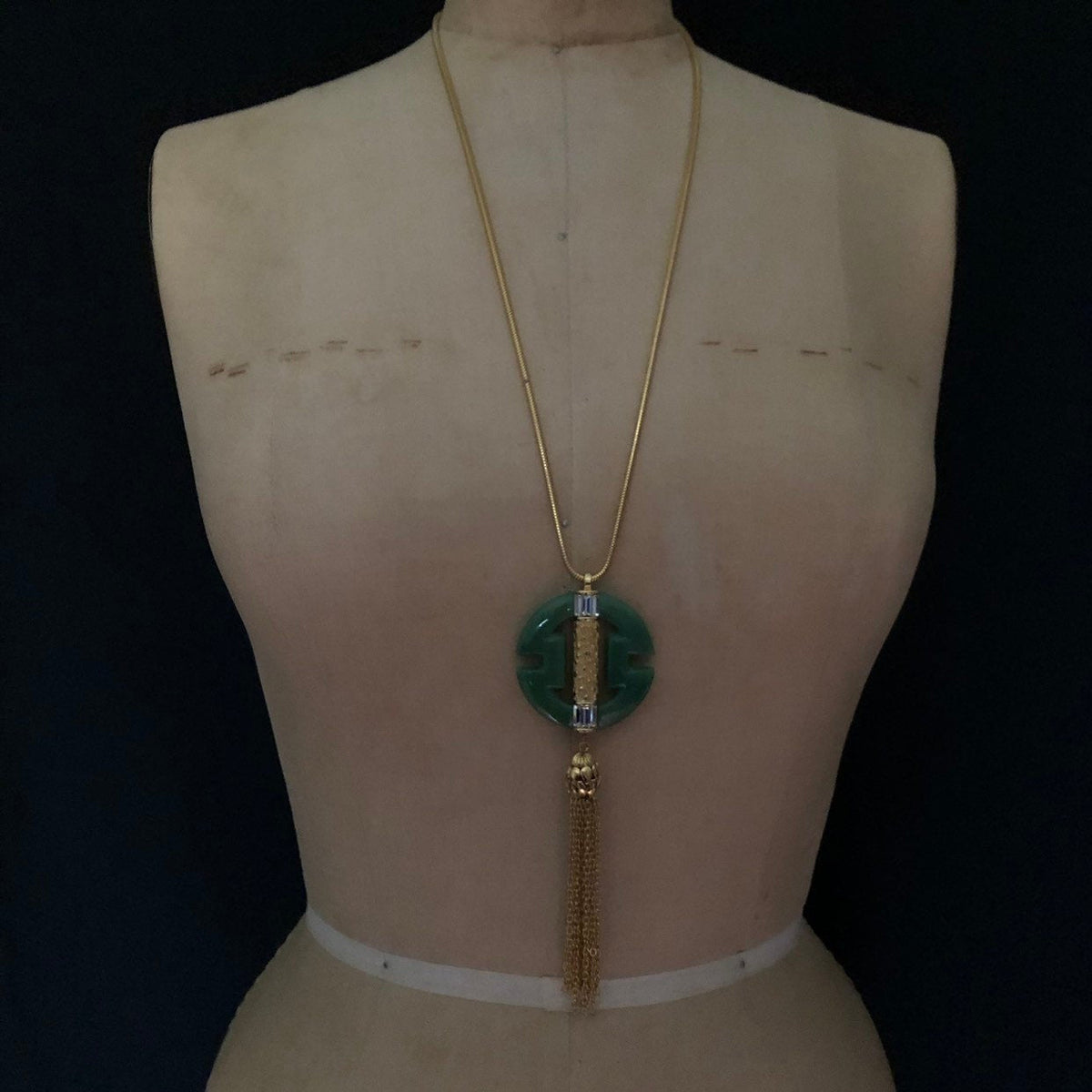 Givenchy Green Jade Logo Gold Tassel Vintage Pendant - 24 Wishes Vintage Jewelry