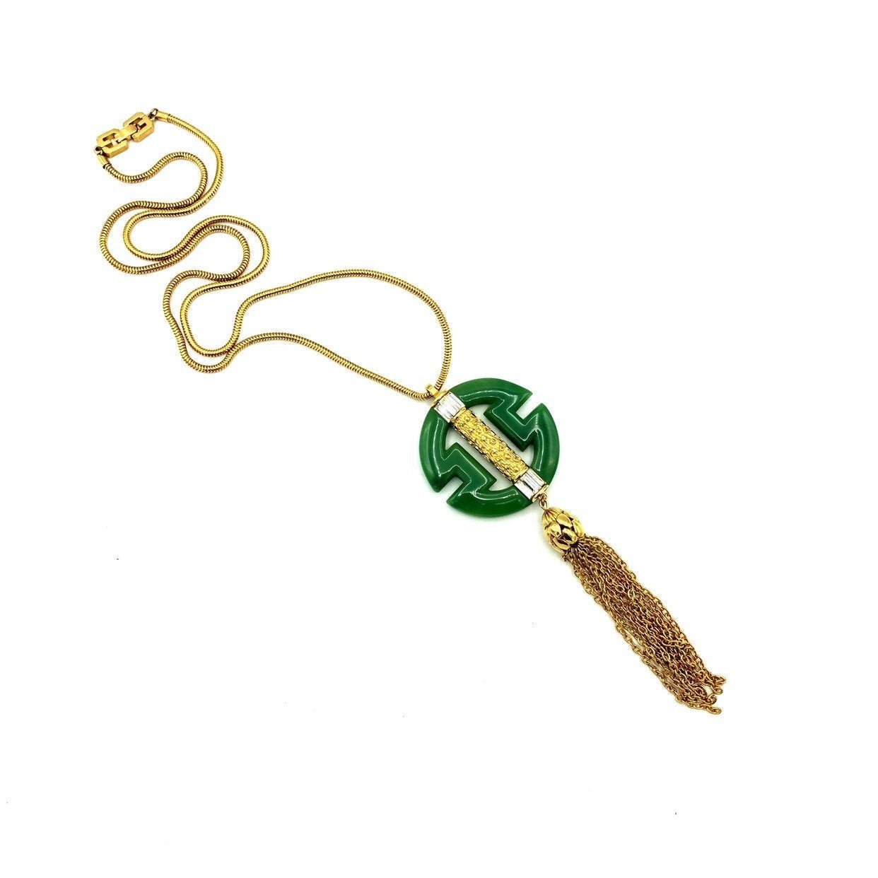 Givenchy Green Jade Logo Pendant with Gold Tassel – Vintage