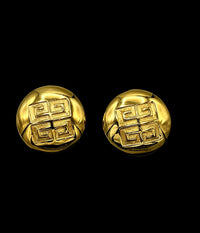 Givenchy Large Gold Round Logo Vintage Clip - On Earrings - 24 Wishes Vintage Jewelry