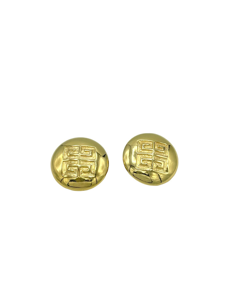 Givenchy Large Gold Round Logo Vintage Clip - On Earrings - 24 Wishes Vintage Jewelry