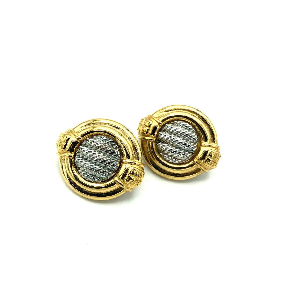 Givenchy Large Gold & Silver Logo Vintage Clip - On Earrings - 24 Wishes Vintage Jewelry