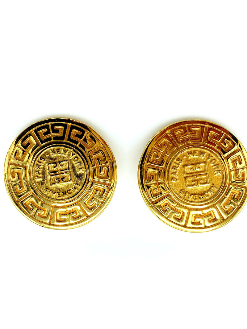 Givenchy Large Medallion Logo Vintage Clip - On Earrings - 24 Wishes Vintage Jewelry