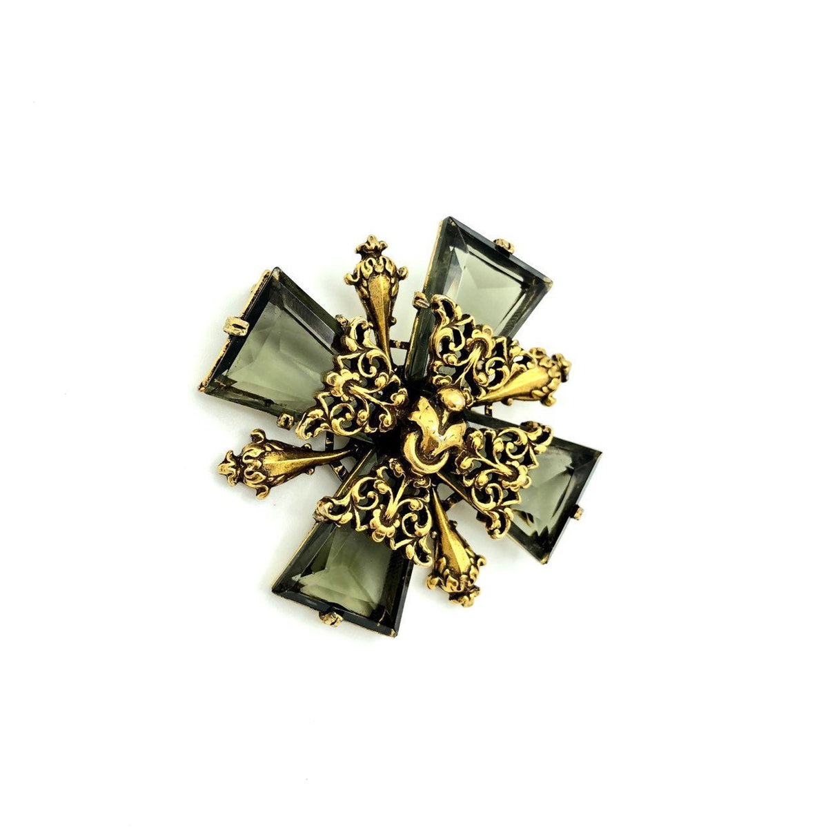 Gold Accessocraft Maltese Cross Glass Smoky Quartz Brooch - 24 Wishes Vintage Jewelry