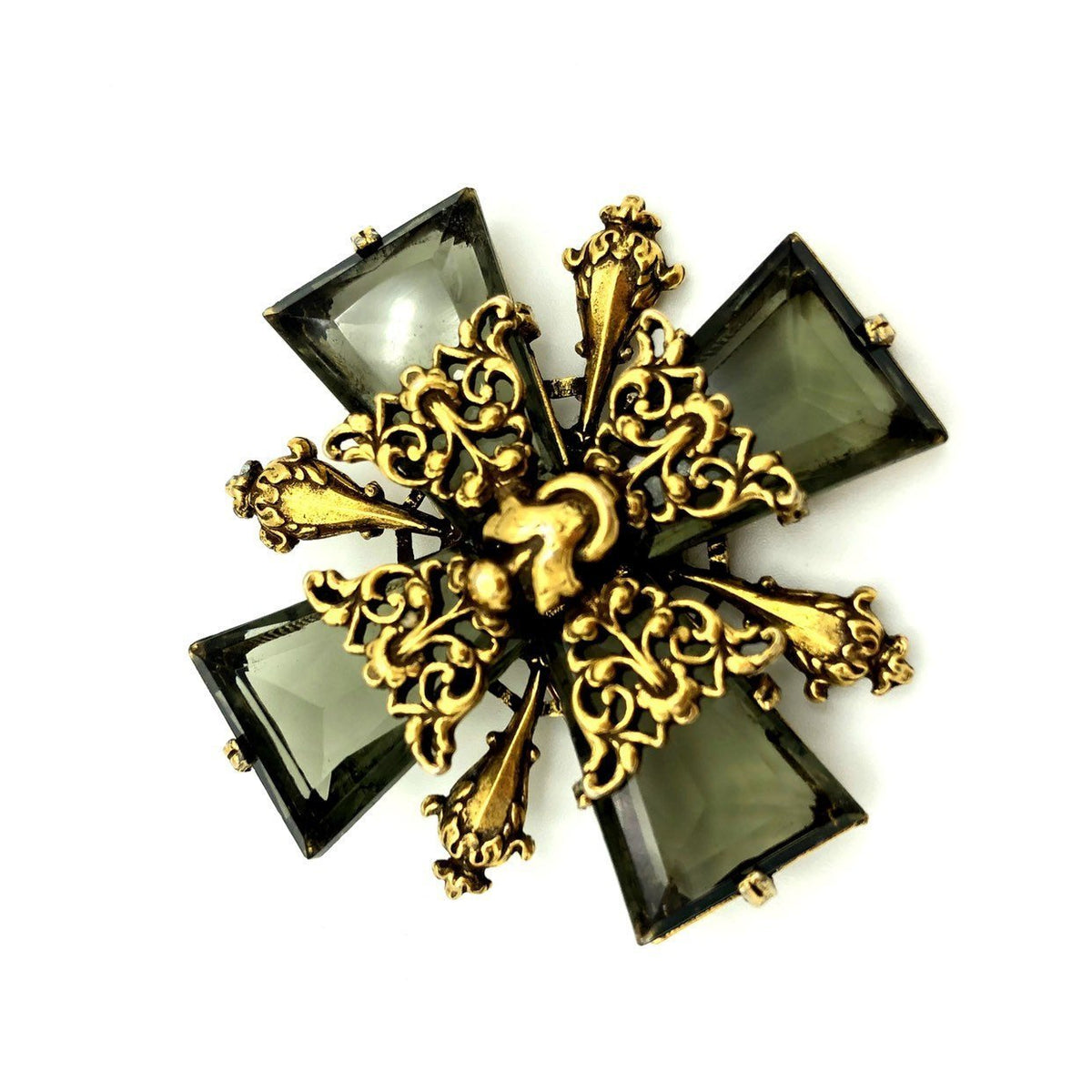 Gold Accessocraft Maltese Cross Glass Smoky Quartz Brooch - 24 Wishes Vintage Jewelry