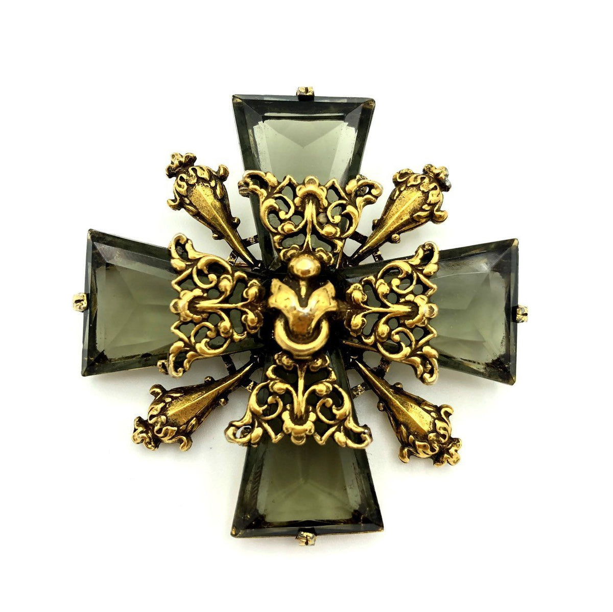 Gold Accessocraft Maltese Cross Glass Smoky Quartz Brooch - 24 Wishes Vintage Jewelry