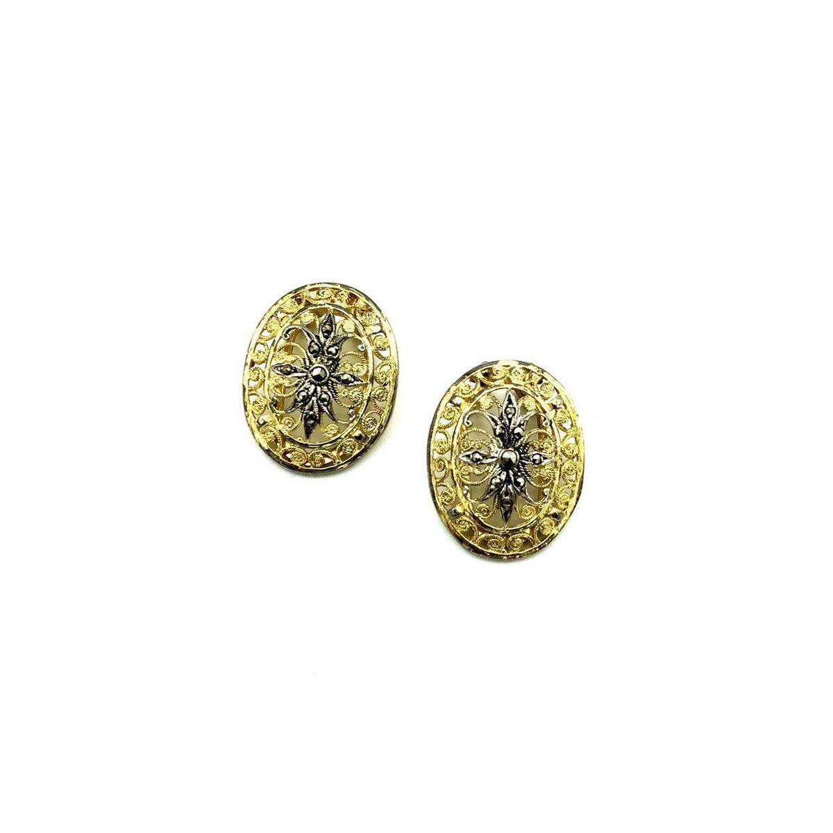 Gold Alice Caviness Filigree Marcasite Sterling Vintage Clip - On Earrings - 24 Wishes Vintage Jewelry