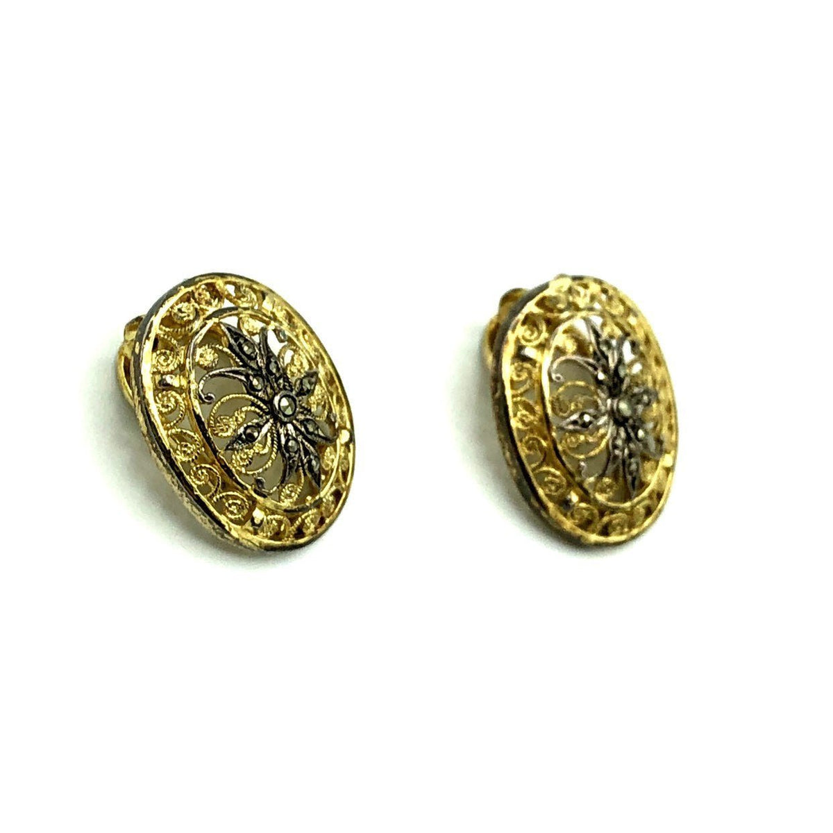 Gold Alice Caviness Filigree Marcasite Sterling Vintage Clip - On Earrings - 24 Wishes Vintage Jewelry