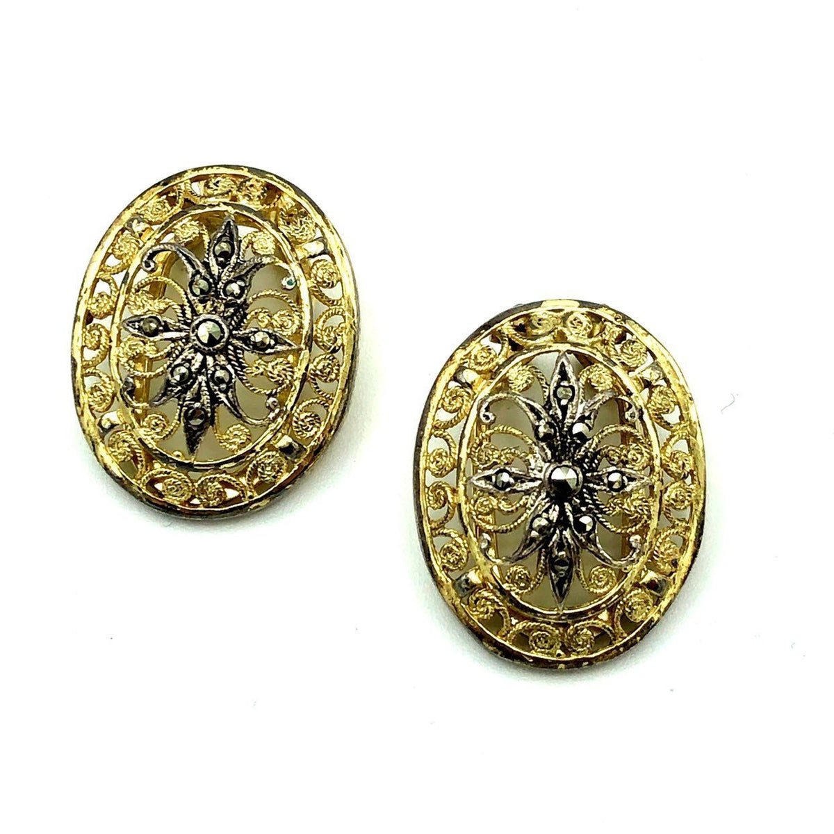 Gold Alice Caviness Filigree Marcasite Sterling Vintage Clip - On Earrings - 24 Wishes Vintage Jewelry