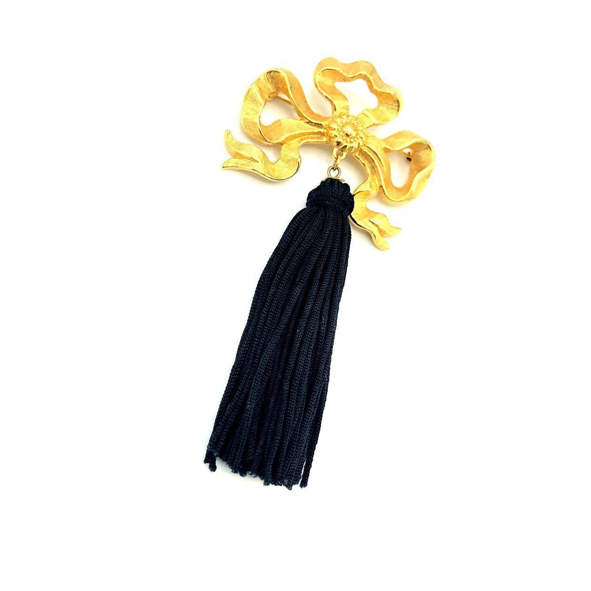 Gold Bow Ribbon & Black Tassel Vintage Brooch - 24 Wishes Vintage Jewelry