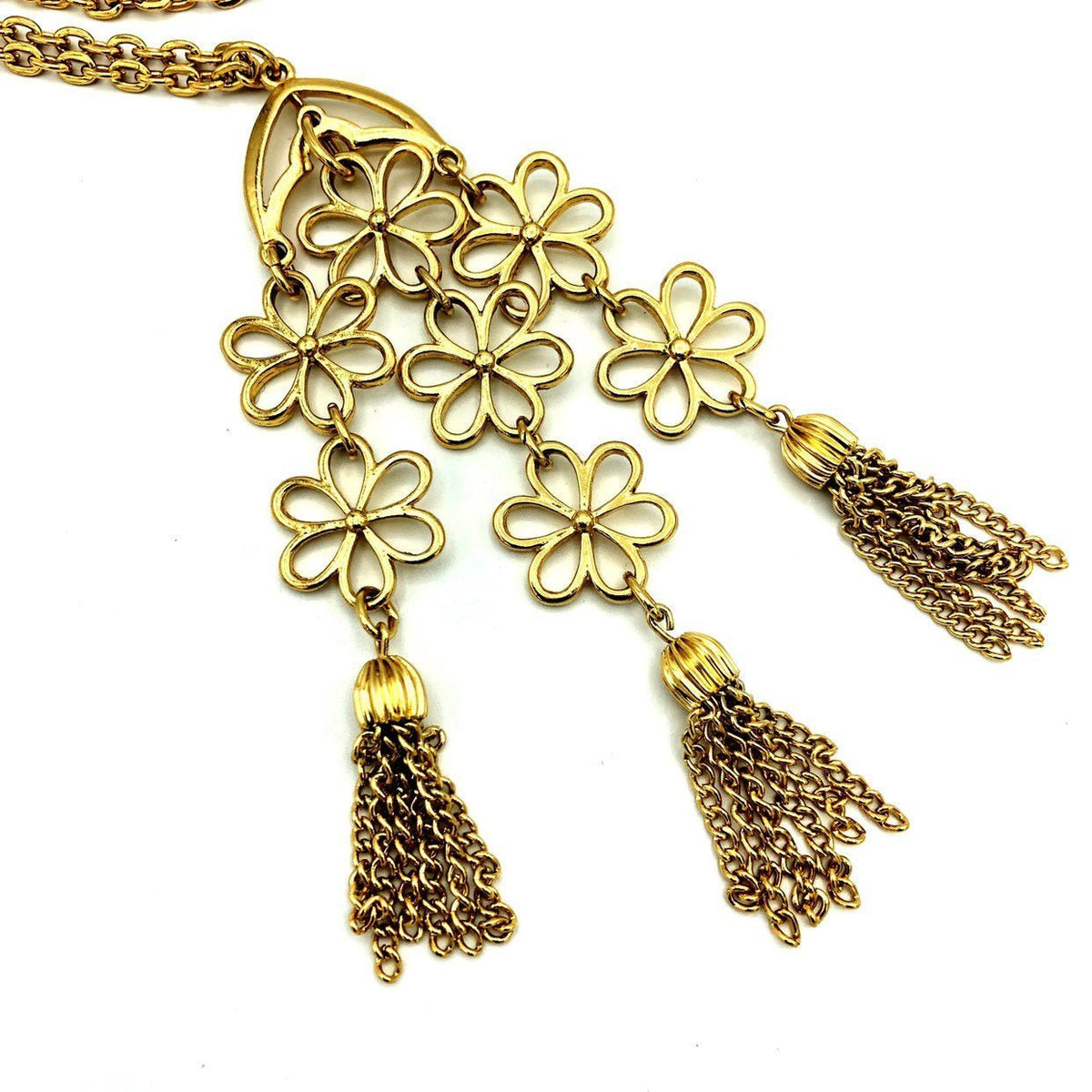 Gold Crown Trifari Flower Tassel Vintage Pendant - 24 Wishes Vintage Jewelry