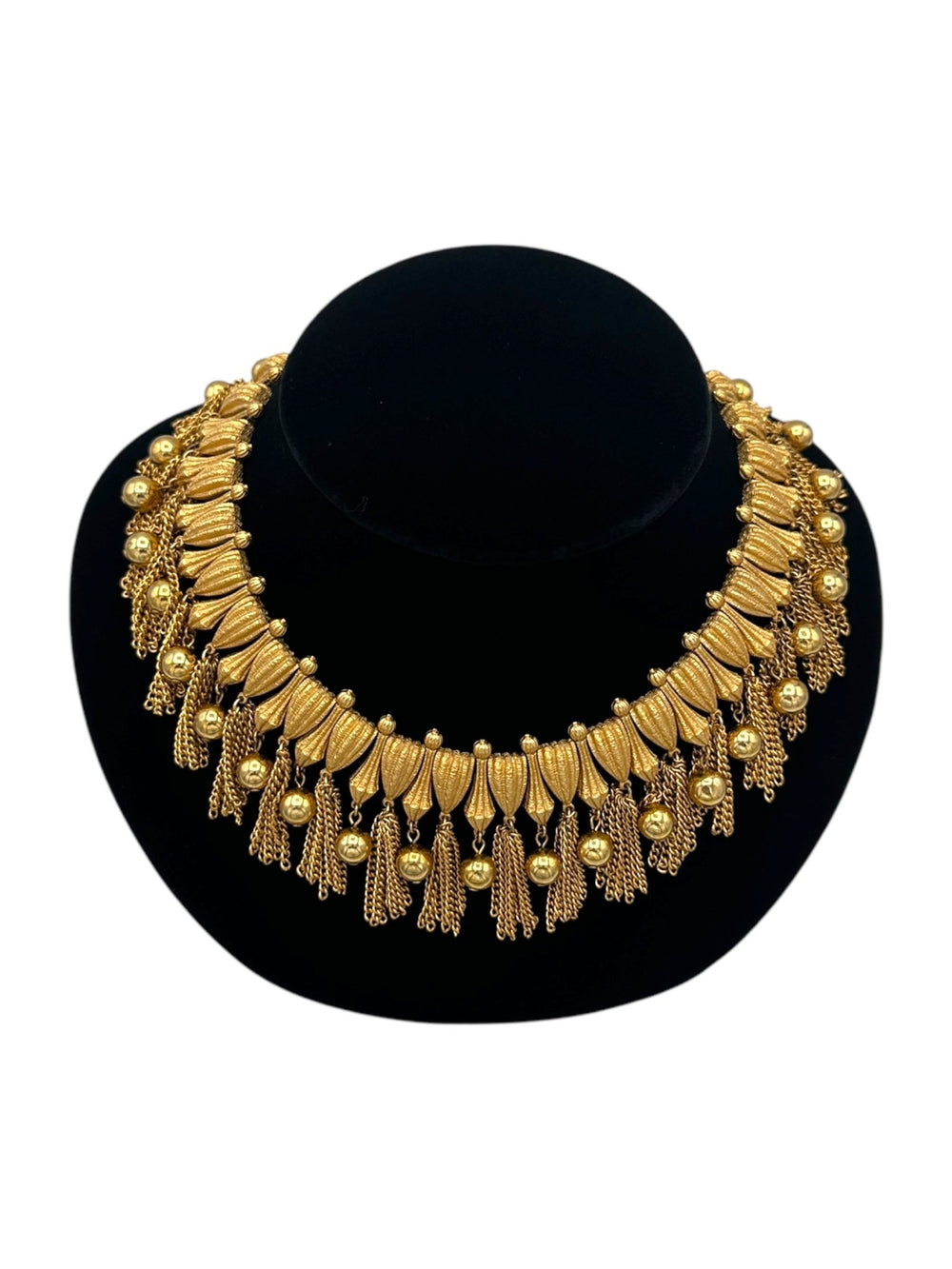 Gold Crown Trifari Vintage Egyptian Revival Layered Fringe Necklace - 24 Wishes Vintage Jewelry