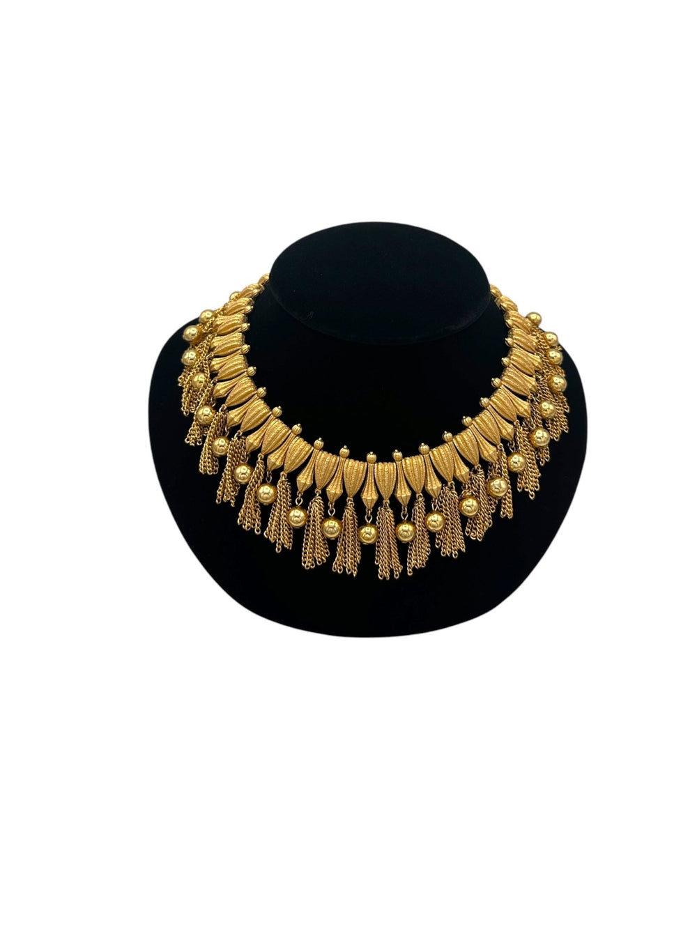 Gold Crown Trifari Vintage Egyptian Revival Layered Fringe Necklace - 24 Wishes Vintage Jewelry