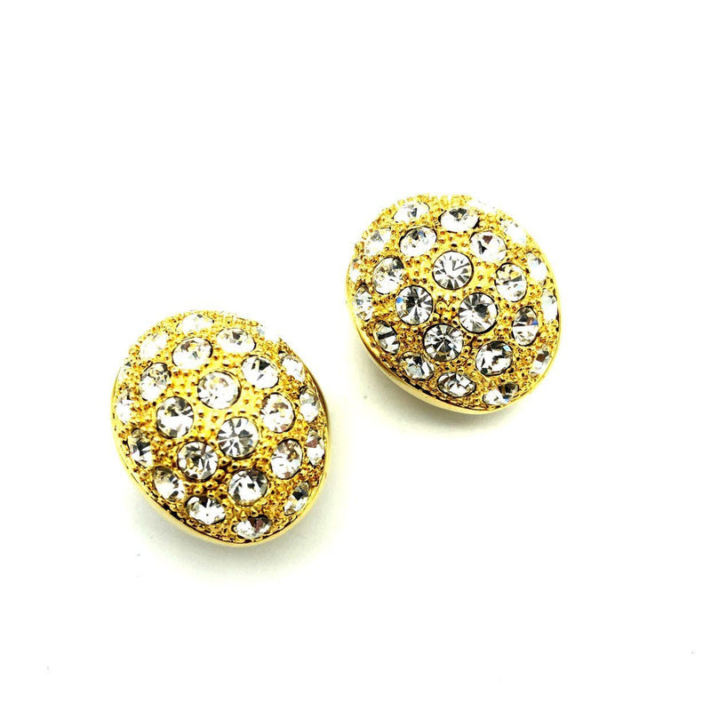 Gold Diamante Half Hoop Rhinestone Vintage Clip - On Earrings - 24 Wishes Vintage Jewelry