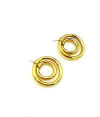 Gold Double Circle Hoop Vintage Pierced Earrings - 24 Wishes Vintage Jewelry