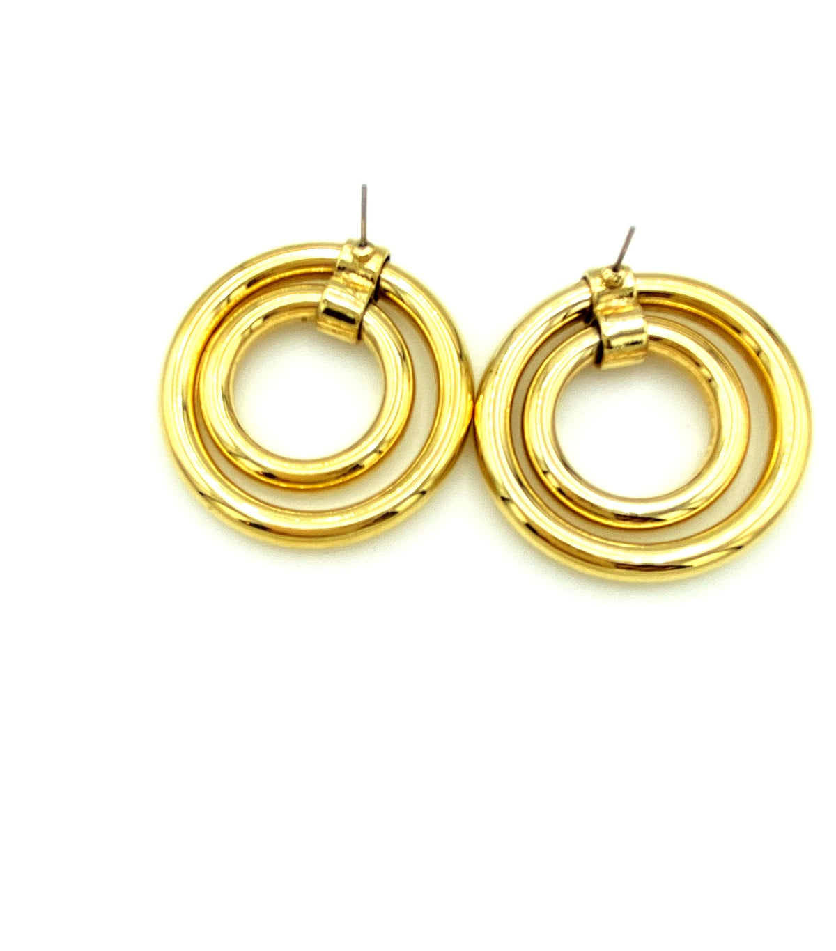 Gold Double Circle Hoop Vintage Pierced Earrings - 24 Wishes Vintage Jewelry