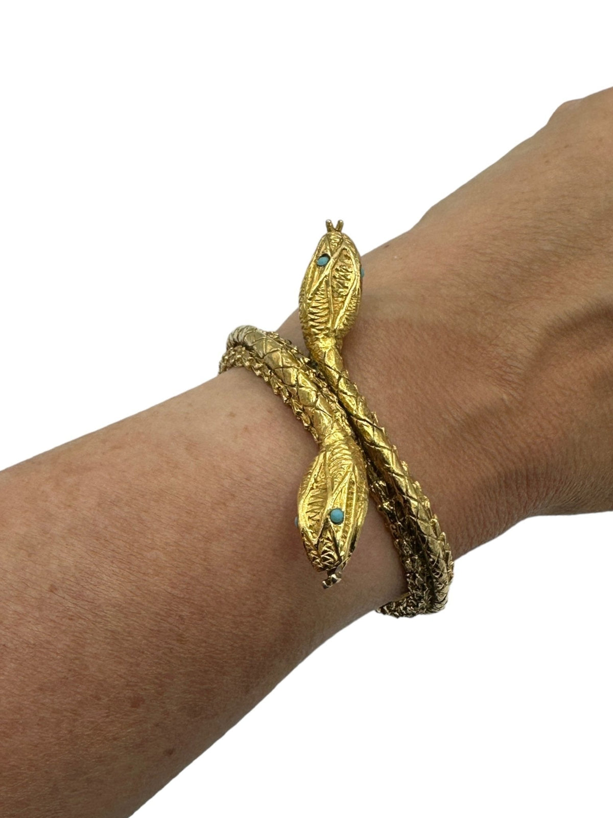 Gold Double Headed Snake Hinged Bangle Clamper Bracelet - 24 Wishes Vintage Jewelry