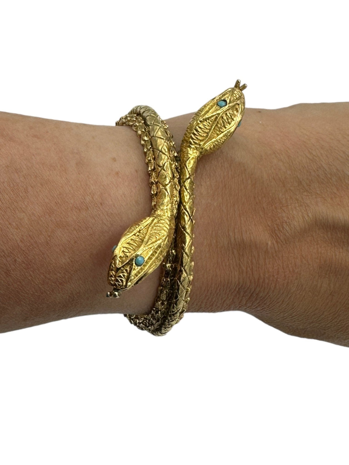 Gold Double Headed Snake Hinged Bangle Clamper Bracelet - 24 Wishes Vintage Jewelry