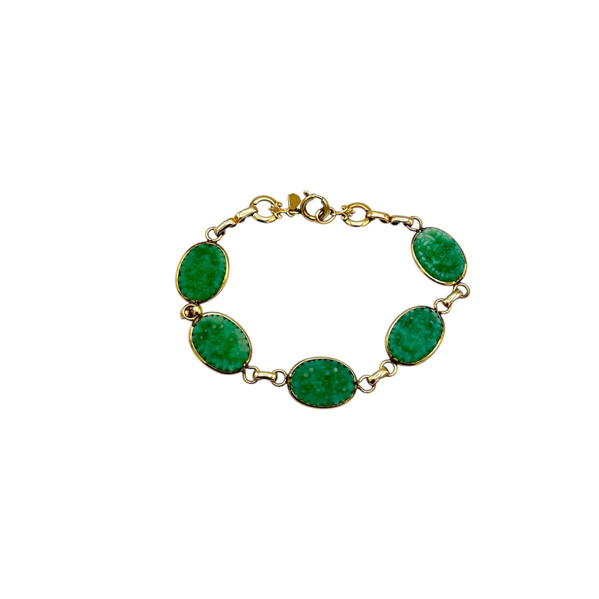 Gold Filled Carved Jade Oval Link Layering Vintage Bracelet - 24 Wishes Vintage Jewelry