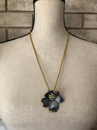 Gold Flower Black Enamel Rhinestone Vintage Pendant - 24 Wishes Vintage Jewelry