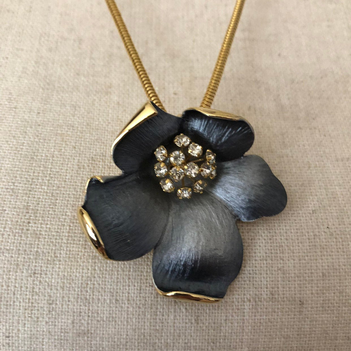 Gold Flower Black Enamel Rhinestone Vintage Pendant - 24 Wishes Vintage Jewelry