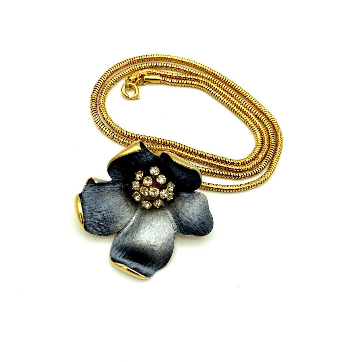 Gold Flower Black Enamel Rhinestone Vintage Pendant - 24 Wishes Vintage Jewelry