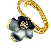 Gold Flower Black Enamel Rhinestone Vintage Pendant - 24 Wishes Vintage Jewelry