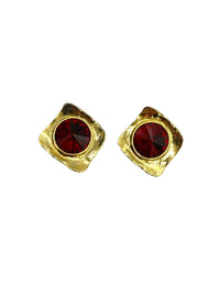 Gold Ginnie Johansen Round Red Ruby Large Rhinestone Clip - On Earrings - 24 Wishes Vintage Jewelry