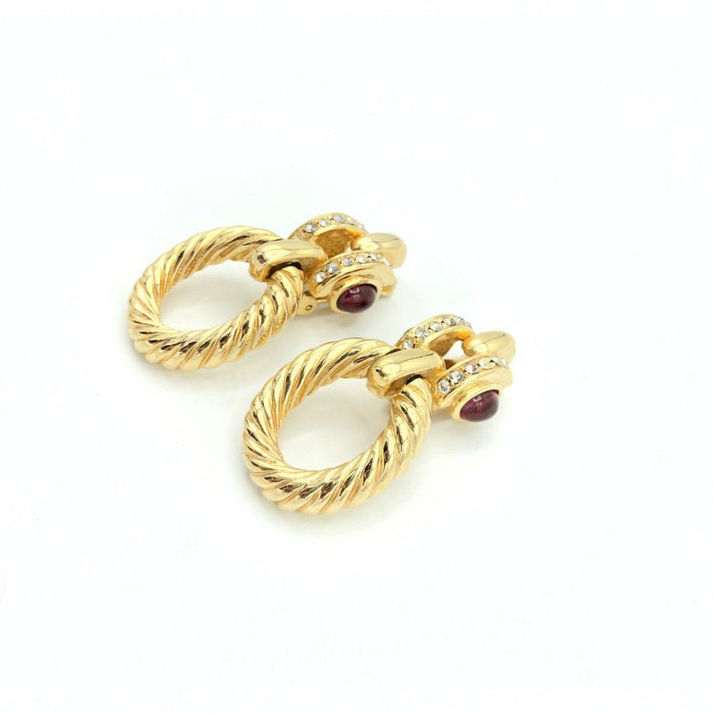 Gold Gripoix Cabochon Rhinestone Vintage Clip - On Earrings - 24 Wishes Vintage Jewelry