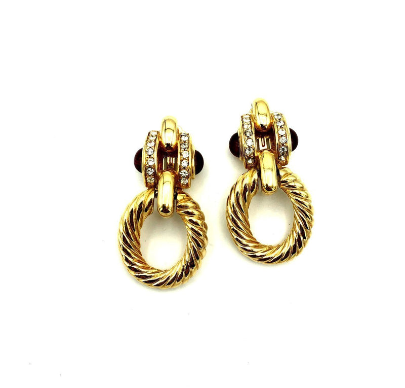 Gold Gripoix Cabochon Rhinestone Vintage Clip - On Earrings - 24 Wishes Vintage Jewelry