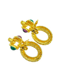 Gold Gripoix Green & Purple Cabochon Rhinestone Clip - On Earrings - 24 Wishes Vintage Jewelry