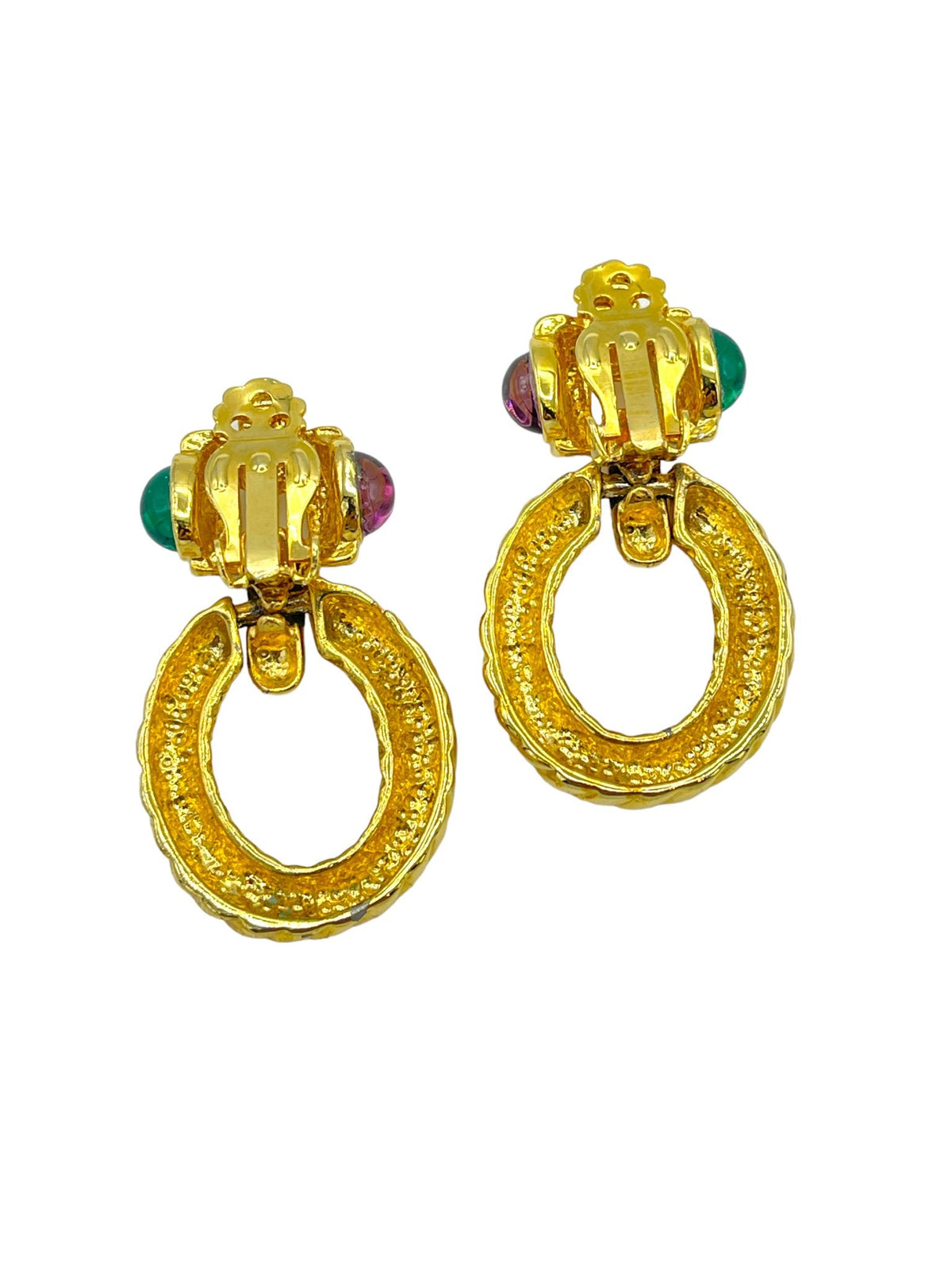 Gold Gripoix Green & Purple Cabochon Rhinestone Clip - On Earrings - 24 Wishes Vintage Jewelry