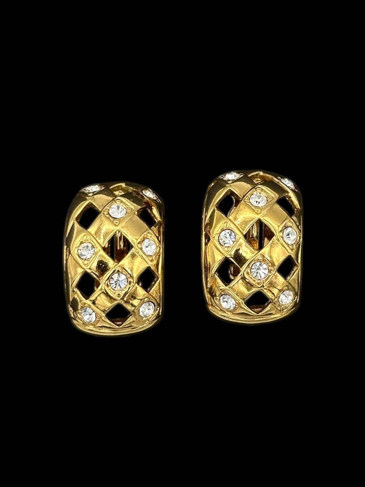 Gold Ivana Basketweave Rhinestone Half Hoop Clip - On Earrings - 24 Wishes Vintage Jewelry