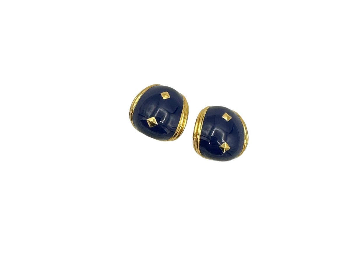 Gold Ivana Blue Enamel Statement Half Hoop Clip - On Earrings - 24 Wishes Vintage Jewelry