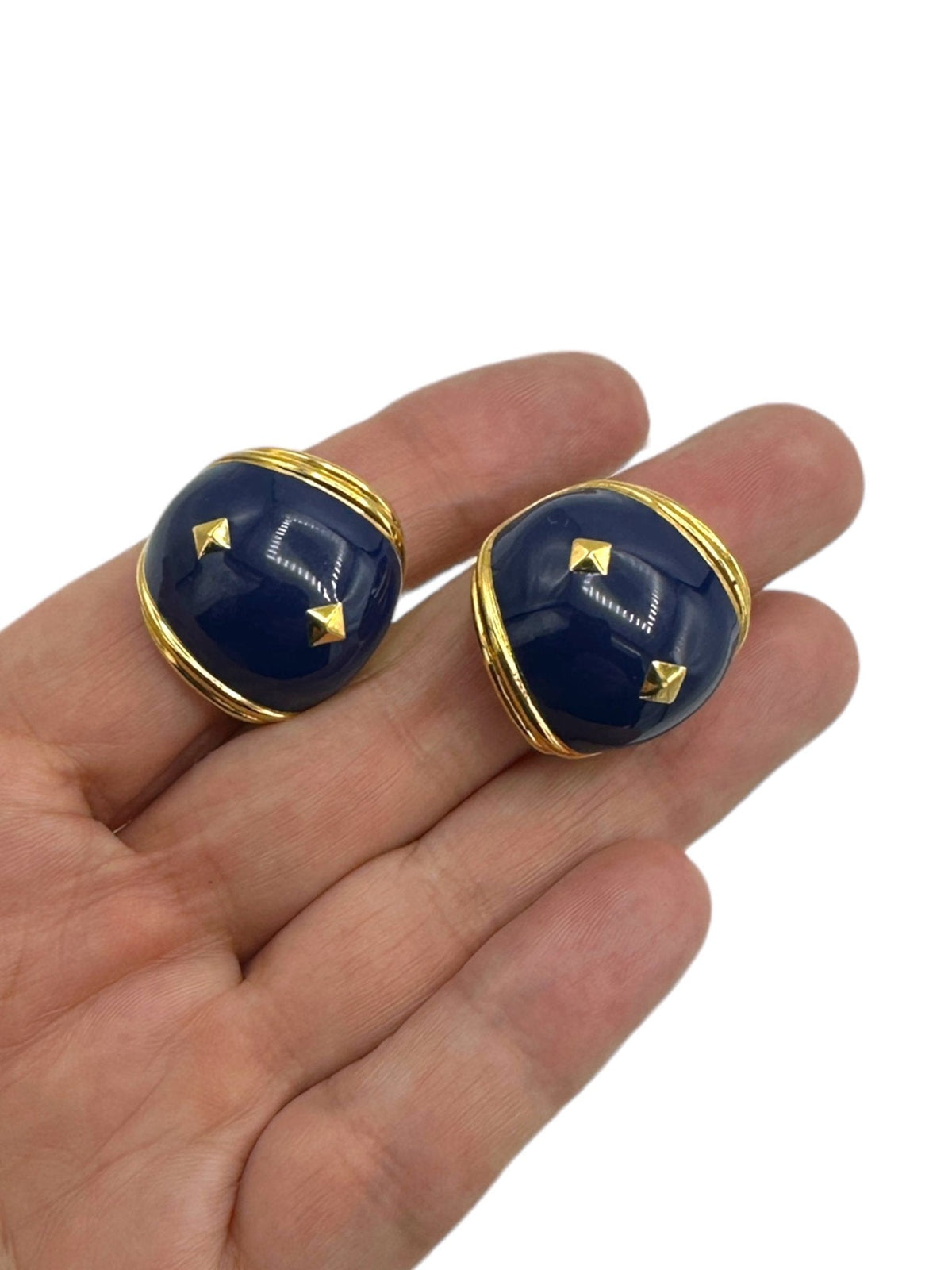 Gold Ivana Blue Enamel Statement Half Hoop Clip - On Earrings - 24 Wishes Vintage Jewelry