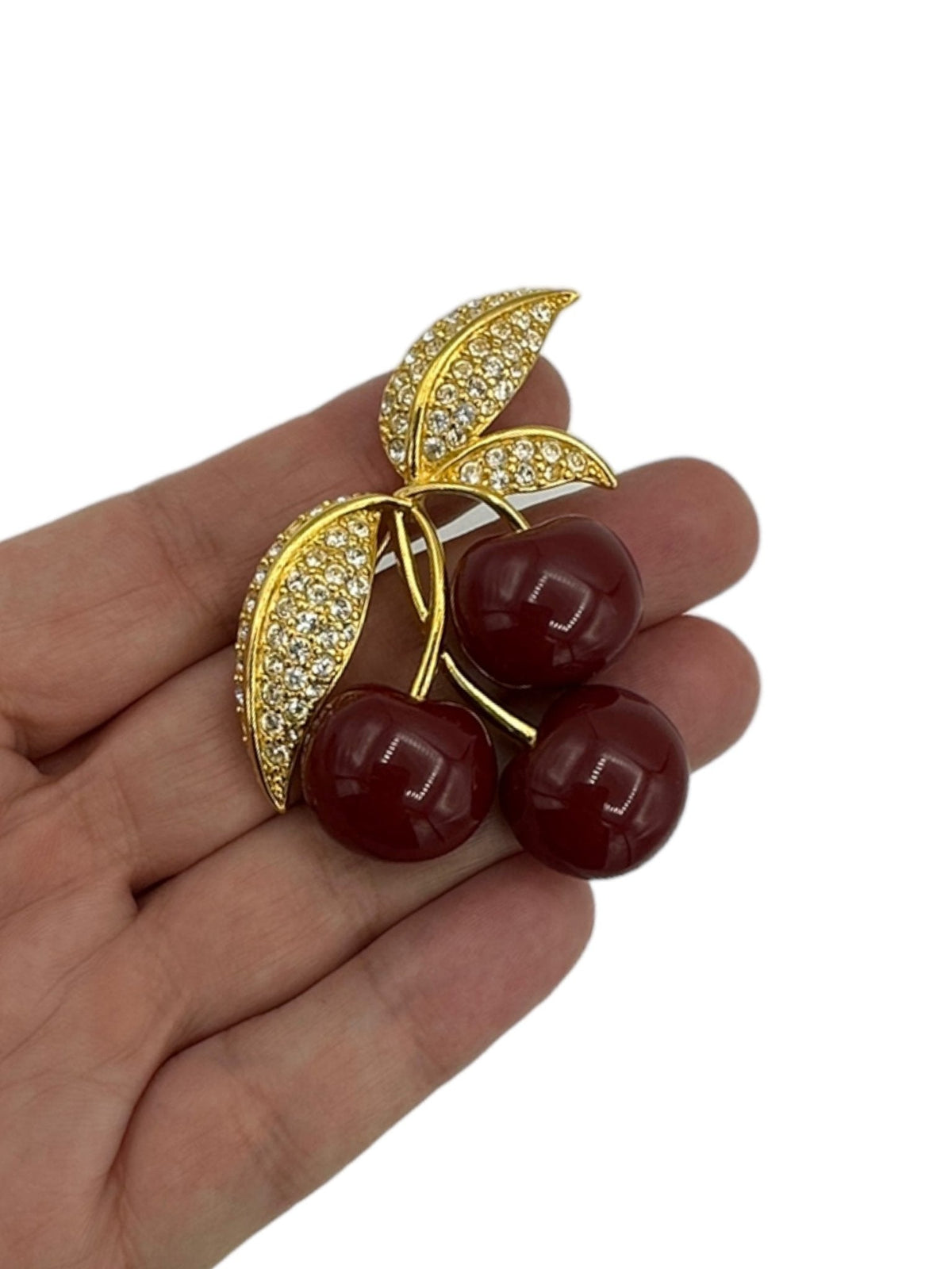 Gold Joan Rivers Red Cherries Vintage Brooch - 24 Wishes Vintage Jewelry