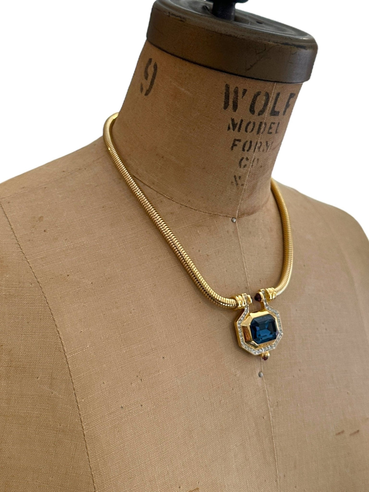 Gold Joan Rivers Sapphire Blue Rhinestone Statement Pendant - 24 Wishes Vintage Jewelry