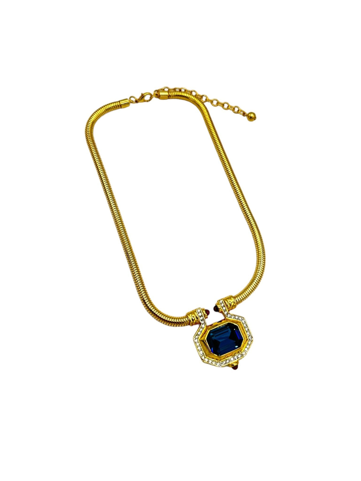 Gold Joan Rivers Sapphire Blue Rhinestone Statement Pendant - 24 Wishes Vintage Jewelry