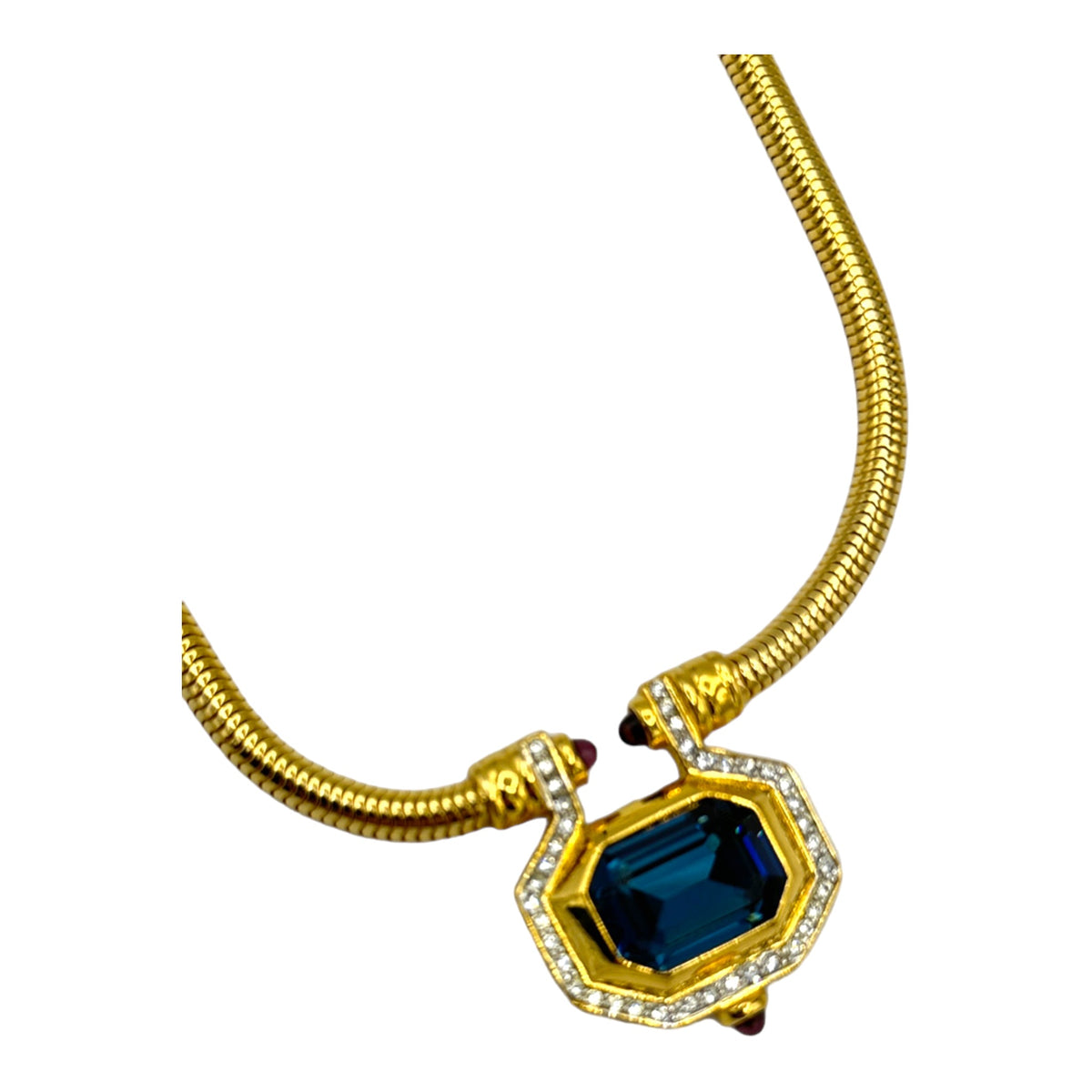 Gold Joan Rivers Sapphire Blue Rhinestone Statement Pendant - 24 Wishes Vintage Jewelry