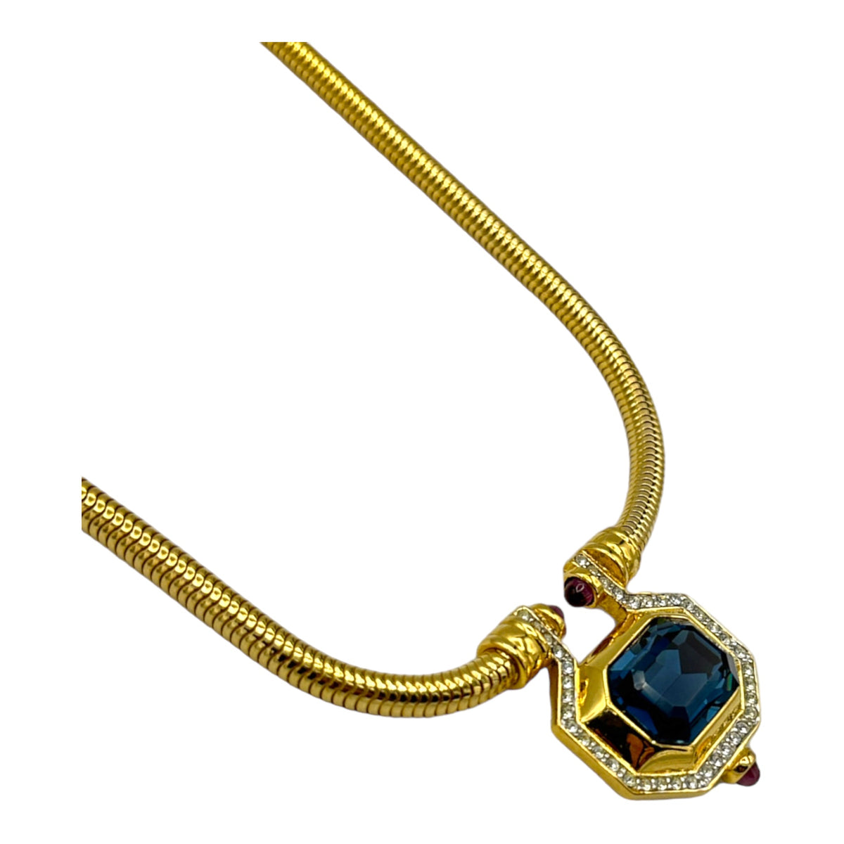 Gold Joan Rivers Sapphire Blue Rhinestone Statement Pendant - 24 Wishes Vintage Jewelry