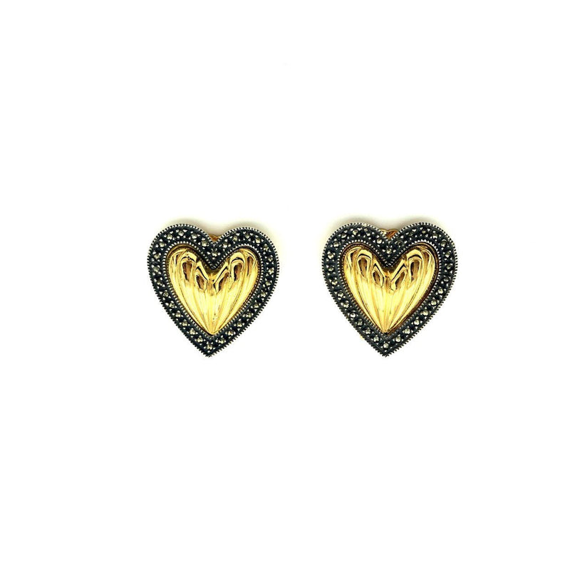 Gold Judith Jack Puffy Heart Sterling Vintage Clip - On Earrings - 24 Wishes Vintage Jewelry