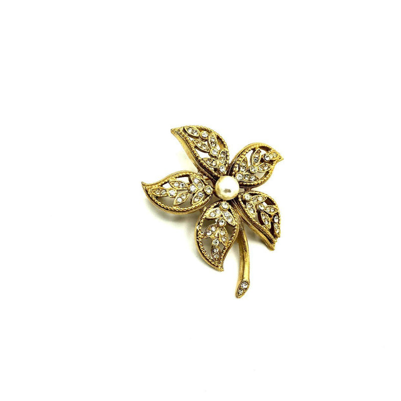 Gold Kramer Pearl & Rhinestones Vintage Flower Brooch - 24 Wishes Vintage Jewelry