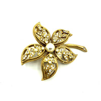 Gold Kramer Pearl & Rhinestones Vintage Flower Brooch - 24 Wishes Vintage Jewelry