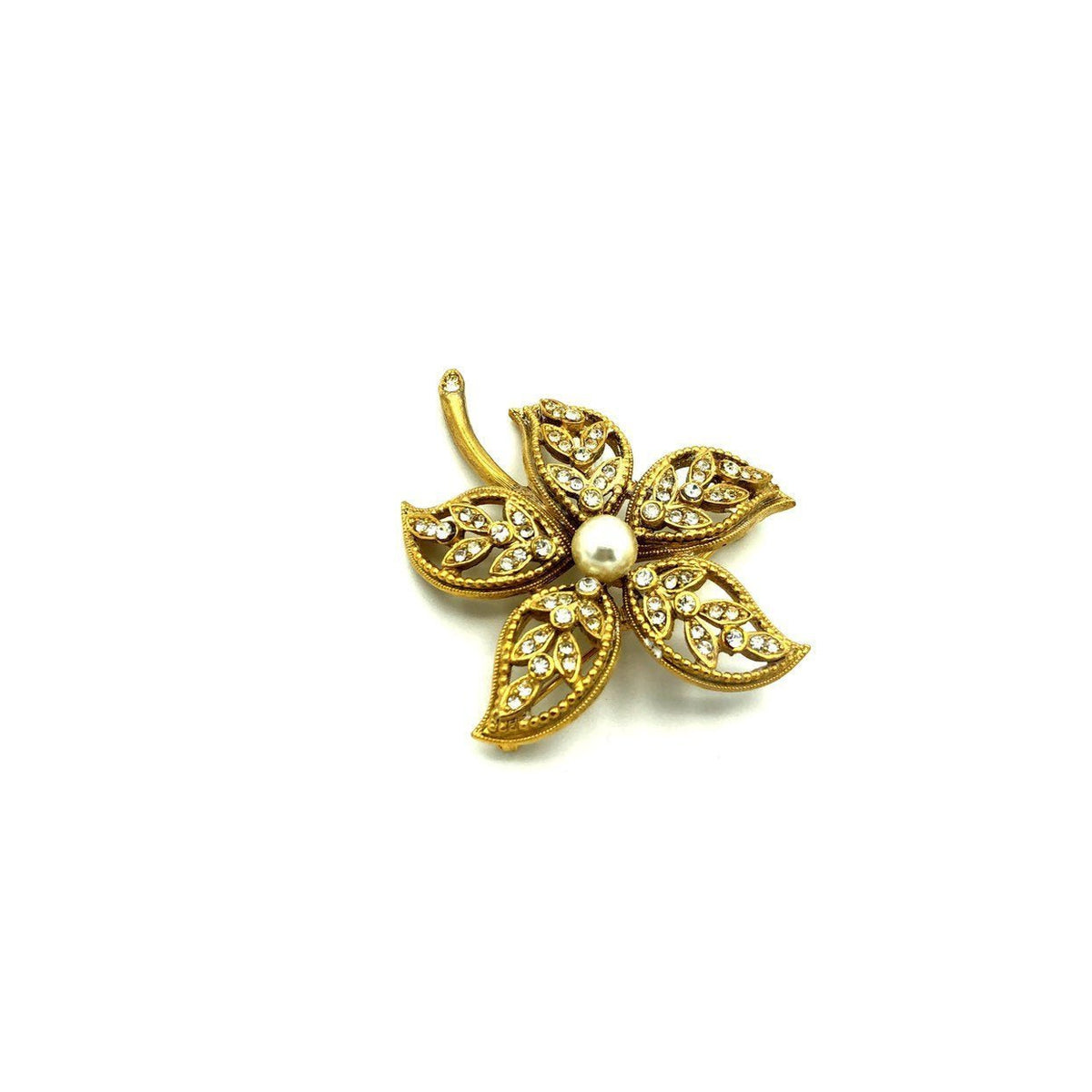 Gold Kramer Pearl & Rhinestones Vintage Flower Brooch - 24 Wishes Vintage Jewelry