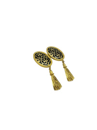 Gold Large Oval Black Enamel Tassel Dangle Statement Clip - On Earrings - 24 Wishes Vintage Jewelry