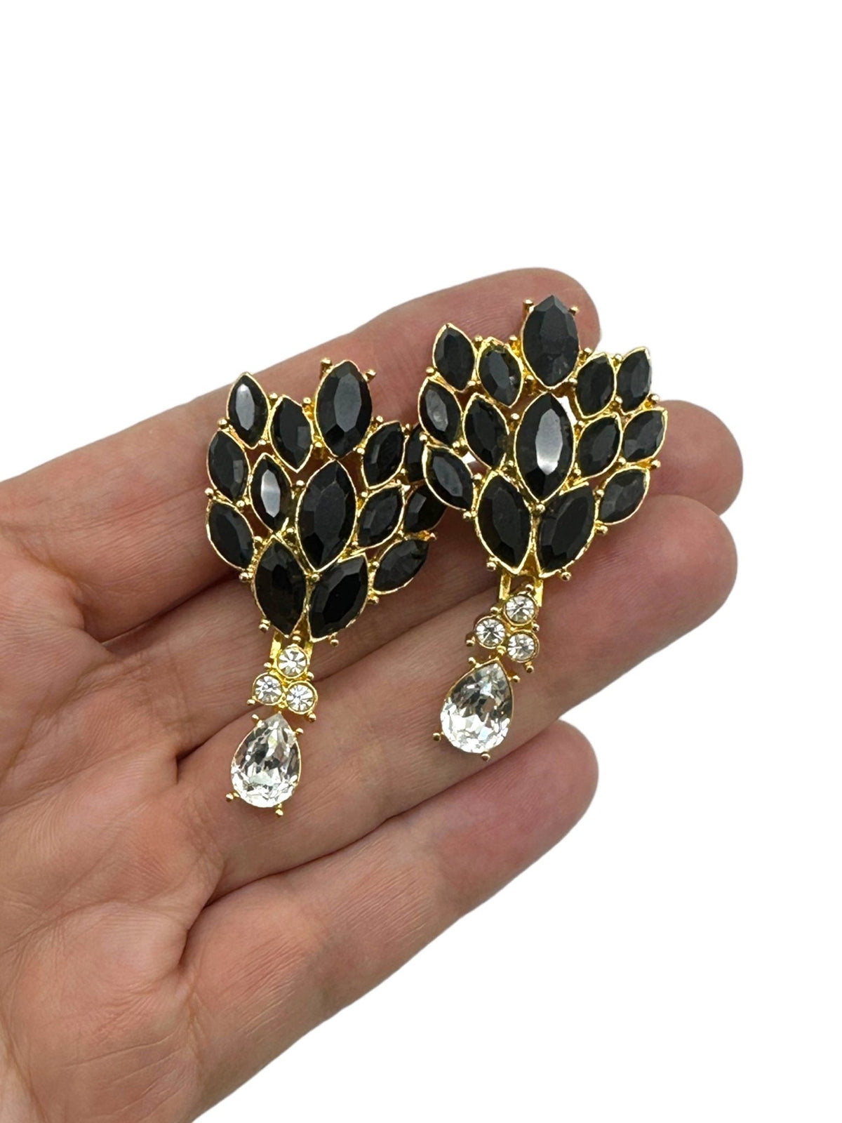 Gold Monet Jet Black Marquise Rhinestone Cluster Dangle Vintage Clip - On Earrings - 24 Wishes Vintage Jewelry