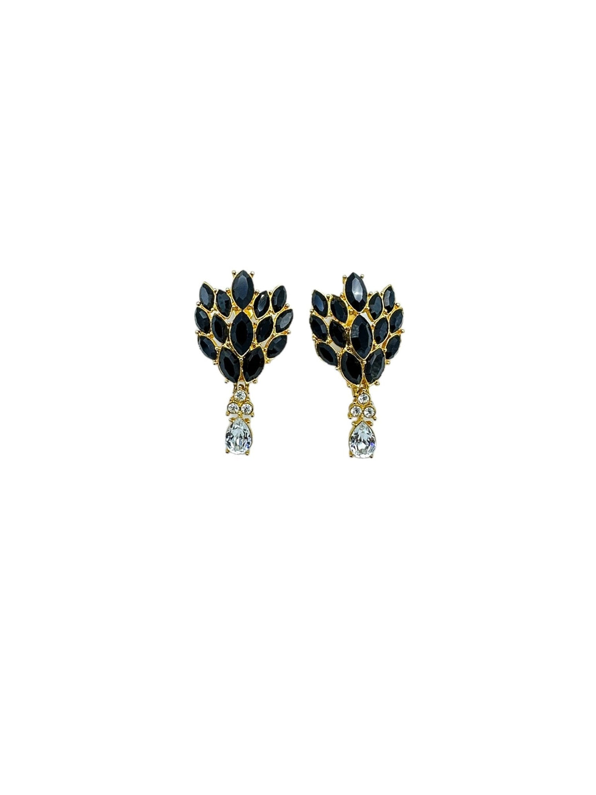 Gold Monet Jet Black Marquise Rhinestone Cluster Dangle Vintage Clip - On Earrings - 24 Wishes Vintage Jewelry