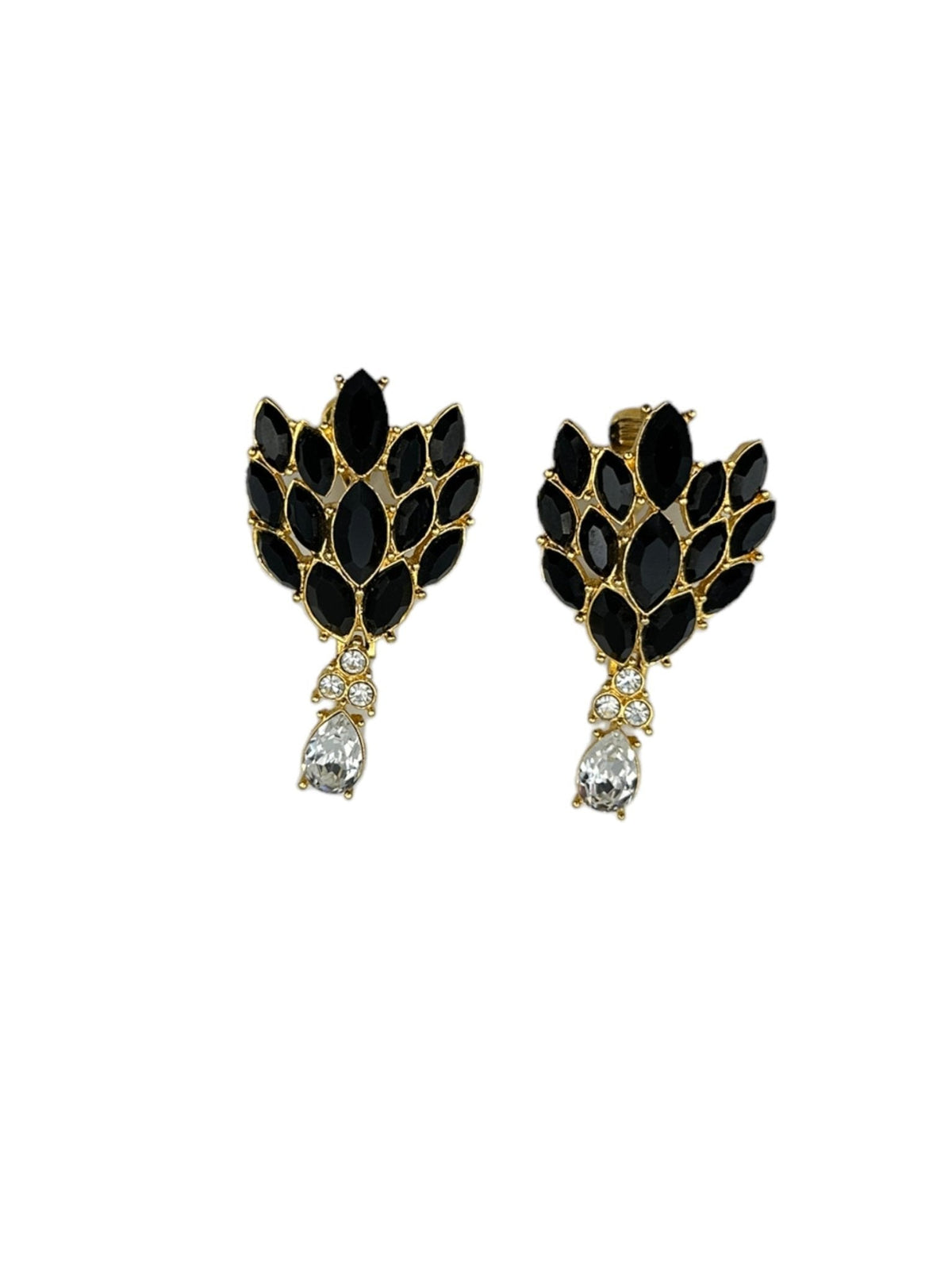 Gold Monet Jet Black Marquise Rhinestone Cluster Dangle Vintage Clip - On Earrings - 24 Wishes Vintage Jewelry